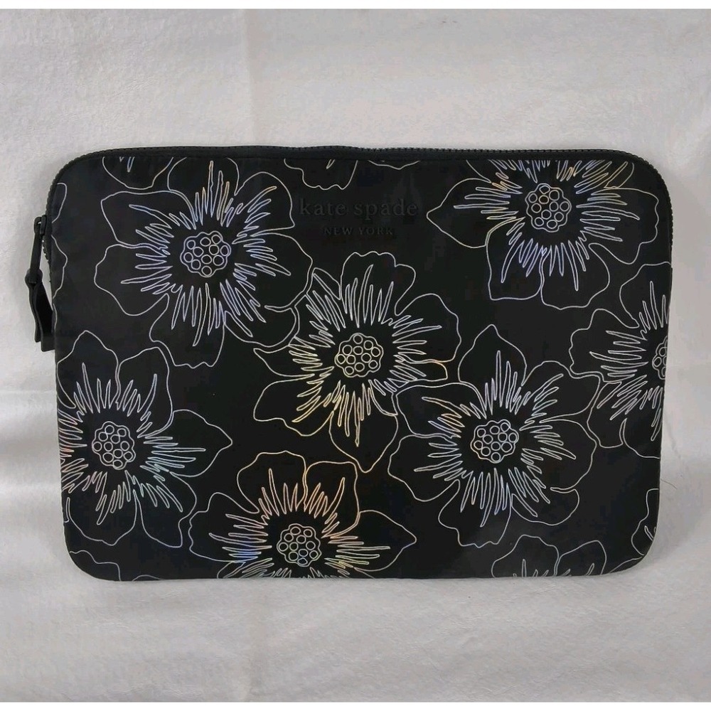 Kate Spade Puffer Laptop Sleeve Hollyhock Iridescent Black Floral 14" Case Bag
